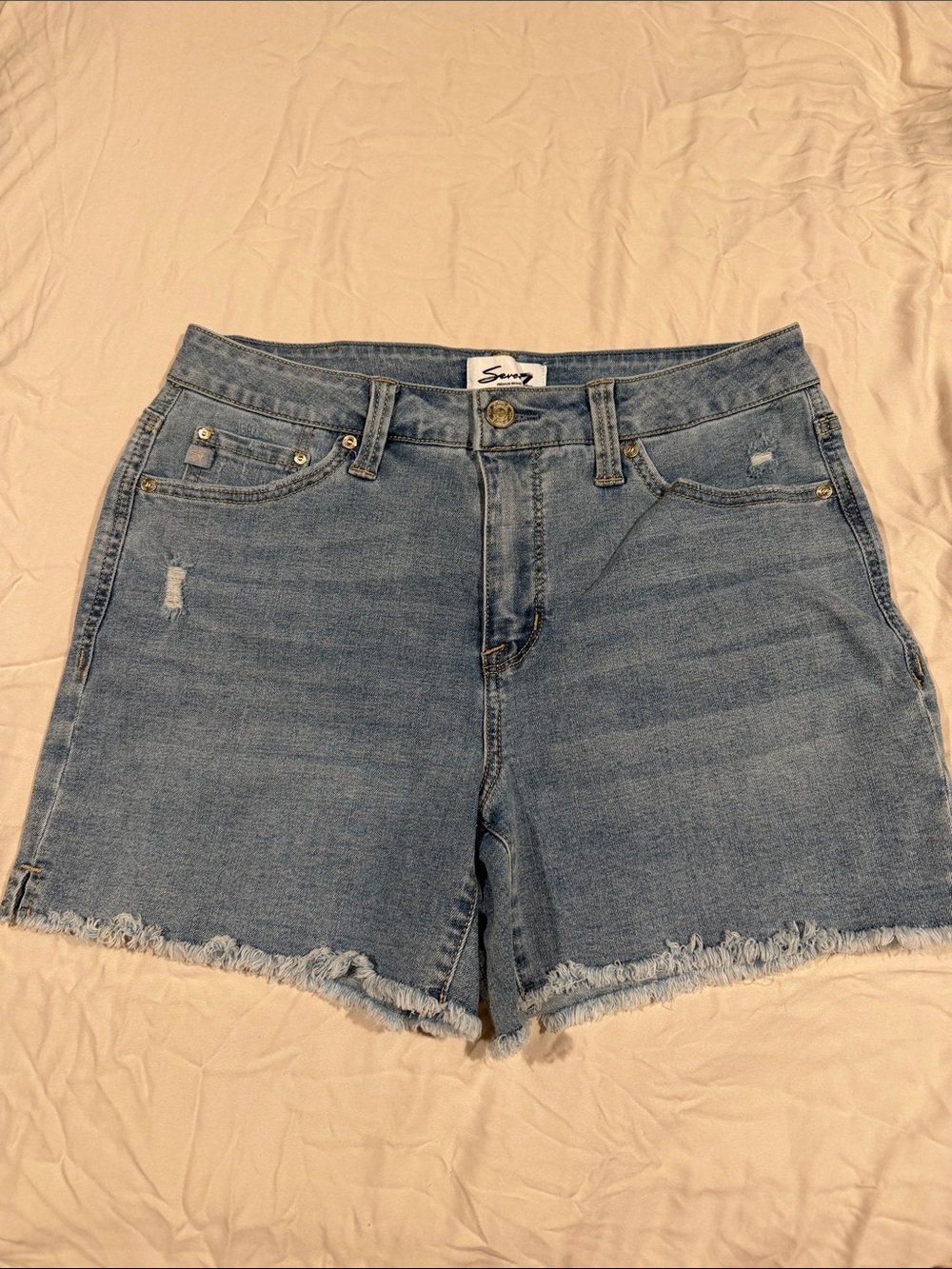 Seven7 Washed Blue Frayed Hem Denim Shorts